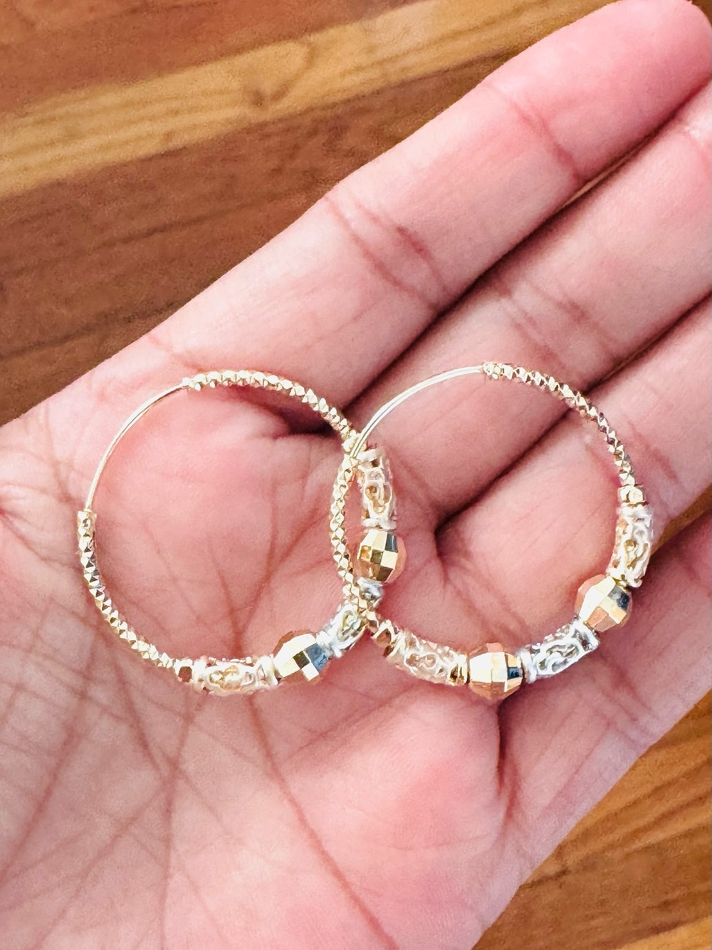 18K Gold Plated tri tone Hoop Earrings with Textured Beads - Women Jewelry